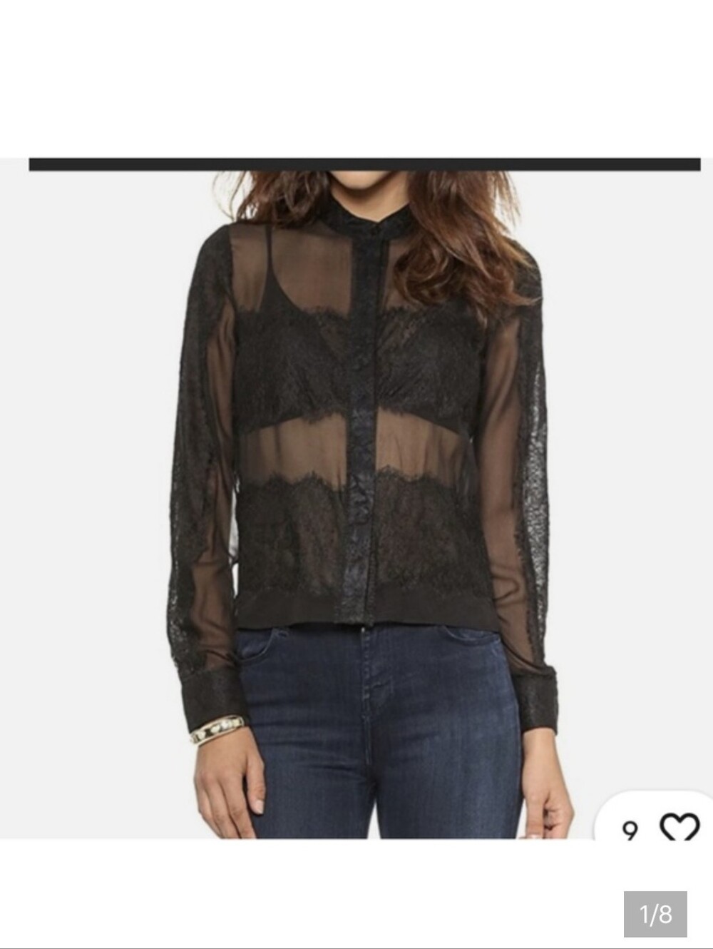 Alice + Olivia Black Sheer Lace-Panel Button-Front Blouse